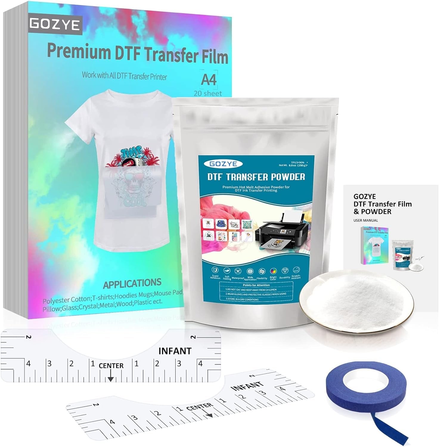 DTF Transfer Film and DTF Powder Set, DTF Film Starter Kit for DTF Printer, 20 Sheets A4 PET Film,8.8 Oz Hot Melt Powder,45 Ft Recognition Tape,2Pcs T-Shirt Ruler Guide for Printing on T-Shirts
