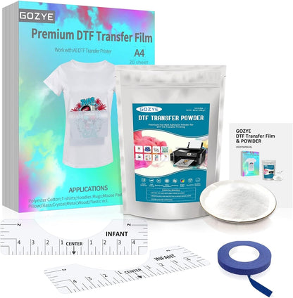 DTF Transfer Film and DTF Powder Set, DTF Film Starter Kit for DTF Printer, 20 Sheets A4 PET Film,8.8 Oz Hot Melt Powder,45 Ft Recognition Tape,2Pcs T-Shirt Ruler Guide for Printing on T-Shirts