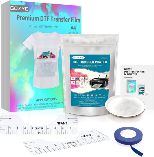 DTF Transfer Film and DTF Powder Set, DTF Film Starter Kit for DTF Printer, 20 Sheets A4 PET Film,8.8 Oz Hot Melt Powder,45 Ft Recognition Tape,2Pcs T-Shirt Ruler Guide for Printing on T-Shirts