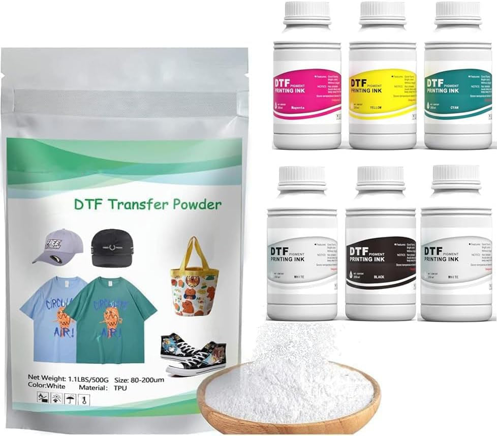 Procoloredfun DTF Ink 1500 Ml and Powder Set 6 X 250Ml Ink Cmykw+Protection Fluid 500 G DTF Powder for A3 A4 L1800 L805 DTF Printer Machine Direct to Transfer Supply Kits