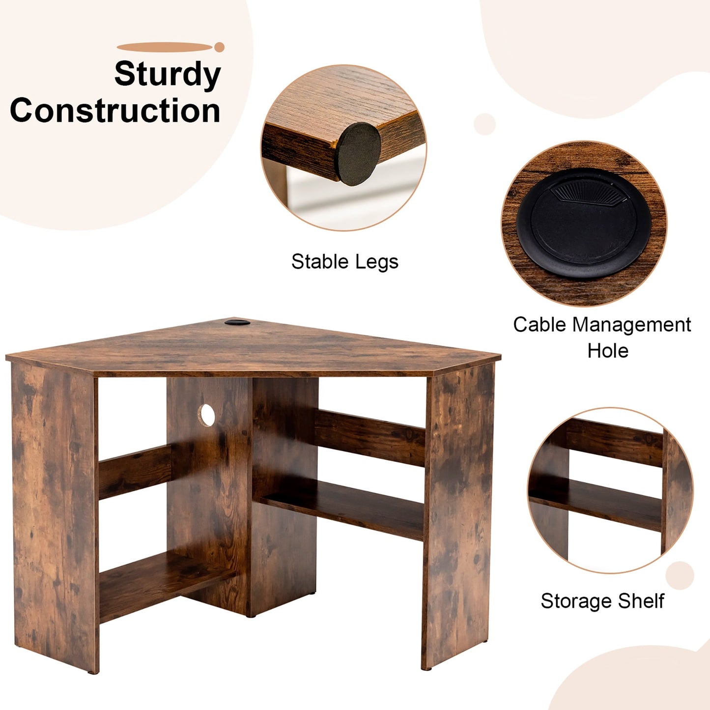 Corner Computer Desk Triangle Writing Workstation W/Storage Shelf Rustic