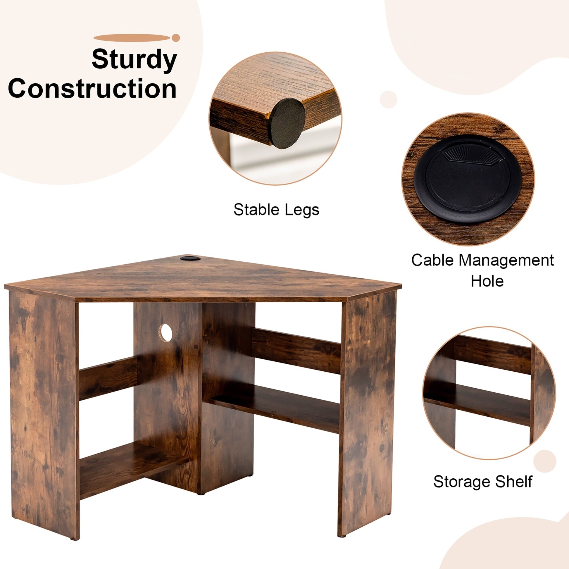 Corner Computer Desk Triangle Writing Workstation W/Storage Shelf Rustic