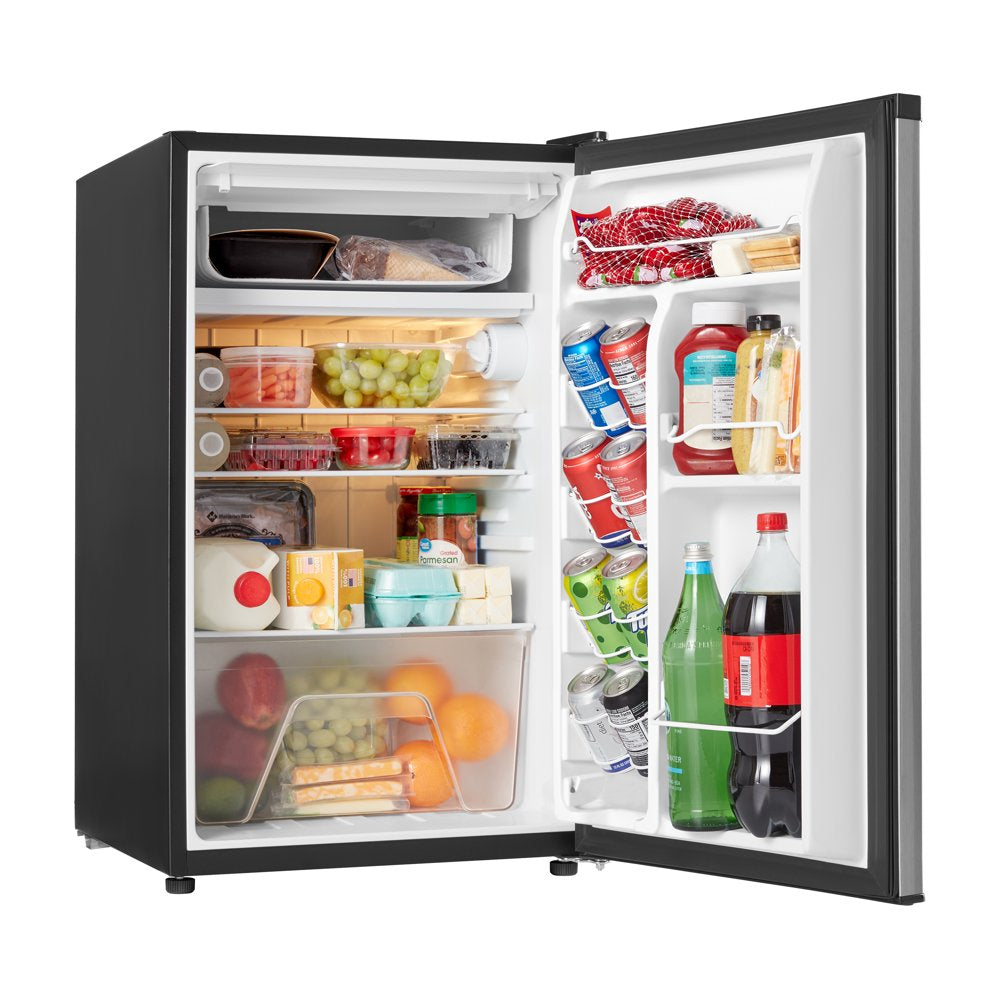 4.3 Cu Ft Single Door Mini Fridge, Stainless Steel Look, New, Width 19.12"