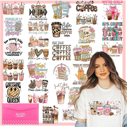Kaciola 30 Sheets Coffee DTF Transfers Ready to Press, Coffee Iron on Transfers Washable Stickers Iron on Decals for T Shirts Hoodie DIY Crafts