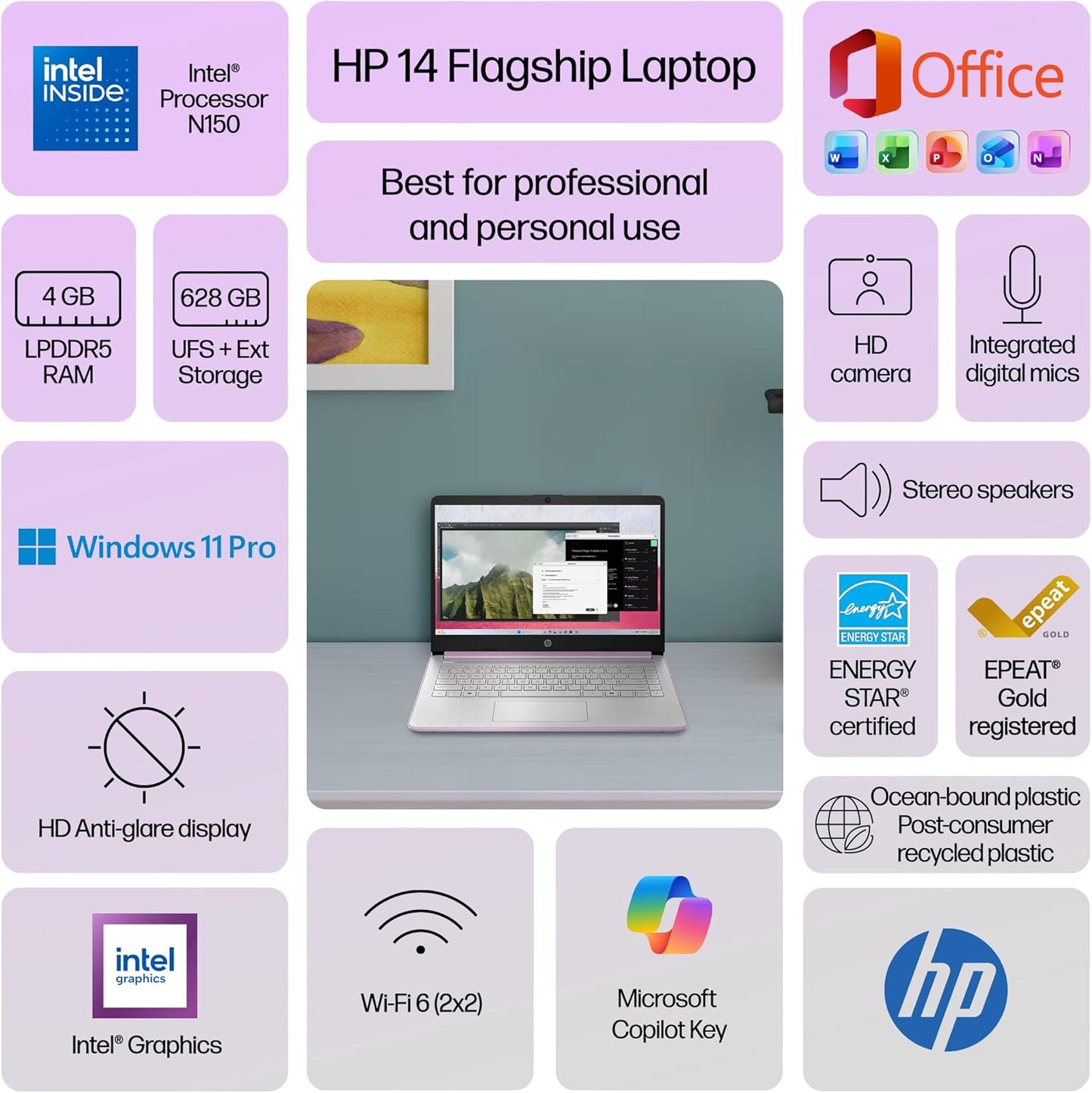 HP 14" Laptop Computer for 2026 Student Business Productivity, MS Office & Win 11 Pro, Copilot AI, Intel 4-Core CPU, 4GB DDR5 RAM, 628GB Storage (128GB UFS+500GB Ext), Wi-Fi 6, Hubxceladdon, Lavender