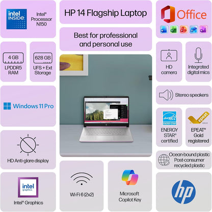 HP 14" Laptop Computer for 2026 Student Business Productivity, MS Office & Win 11 Pro, Copilot AI, Intel 4-Core CPU, 4GB DDR5 RAM, 628GB Storage (128GB UFS+500GB Ext), Wi-Fi 6, Hubxceladdon, Lavender