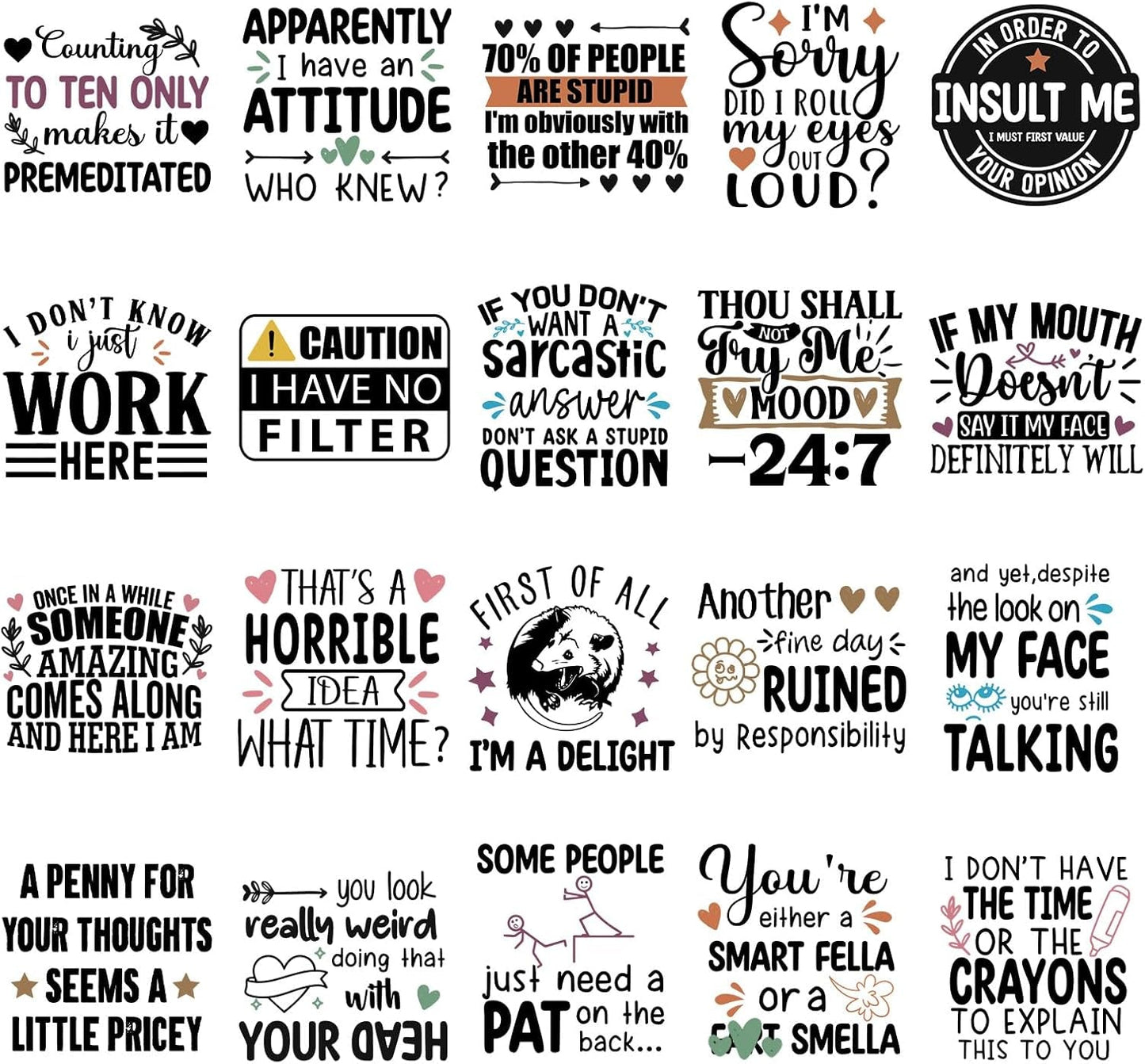Sarcastic Iron on Transfers for Tshirts - 20Pcs Dtf Transfers Ready to Press, Funny Quotes Iron on Decals Patches, Humor Phrases Heat Transfer Stickers for Clothing Bags Hat DIY Crafts
