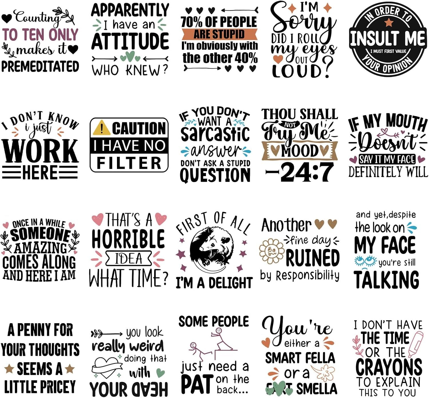 Sarcastic Iron on Transfers for Tshirts - 20Pcs Dtf Transfers Ready to Press, Funny Quotes Iron on Decals Patches, Humor Phrases Heat Transfer Stickers for Clothing Bags Hat DIY Crafts