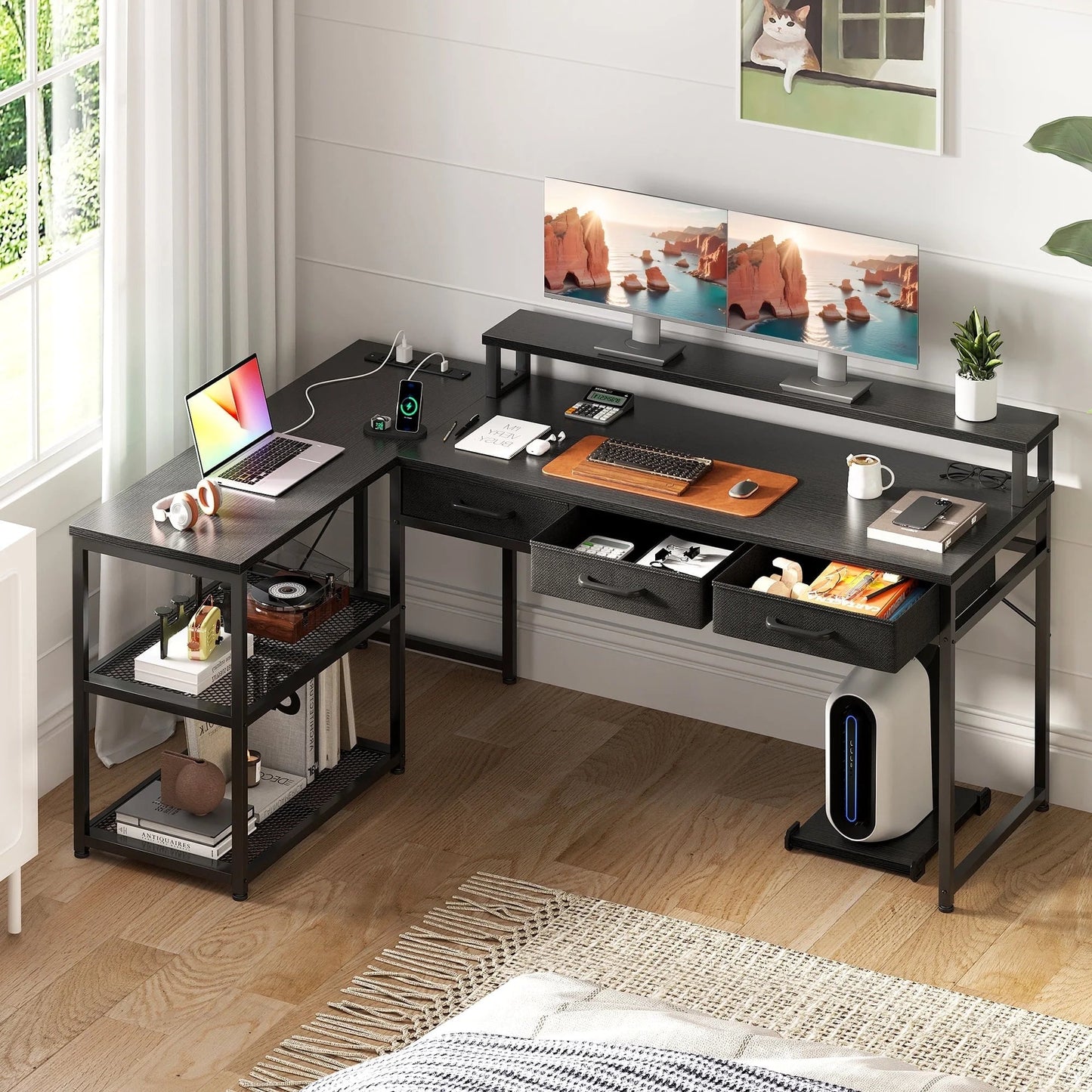 53 Inch Reversible L Shaped Desk with 3 Drawers, Computer Gaming Desk with Power Outlets & USB Ports, Monitor Stand for Home Office, Corner Desk with Large Storage Space, Modern Black