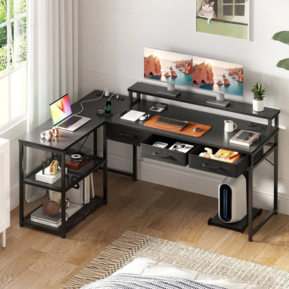 53 Inch Reversible L Shaped Desk with 3 Drawers, Computer Gaming Desk with Power Outlets & USB Ports, Monitor Stand for Home Office, Corner Desk with Large Storage Space, Modern Black