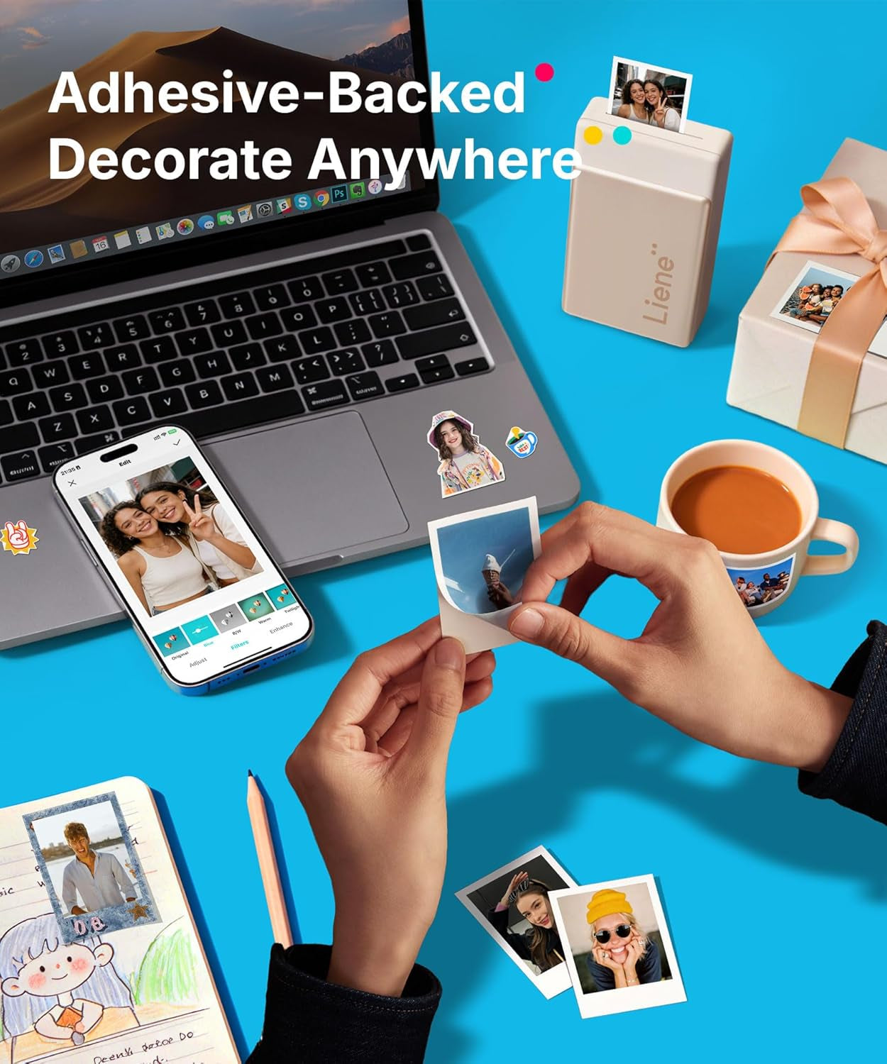Liene Pearl N200 Pro Portable Photo Printer, Instant Mini Picture Printer for Iphone Smartphone, Thermal Dye Sublimation, Bluetooth Sticker Printer 50 Sheets 2X3 Adhesive Paper & 5 Cartridges, Gold