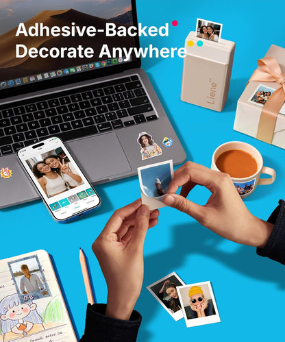 Liene Pearl N200 Pro Portable Photo Printer, Instant Mini Picture Printer for Iphone Smartphone, Thermal Dye Sublimation, Bluetooth Sticker Printer 50 Sheets 2X3 Adhesive Paper & 5 Cartridges, Gold