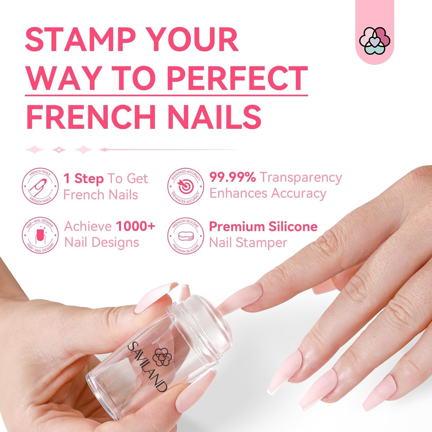 Saviland French Tip Nail Stamp: 4PCS Nail Art Stamper Kit Clear Silicone Nails Stamping Long & Short Jelly Stamper with Scrapers Nails Stamper Kit for French Manicure Home DIY Salon