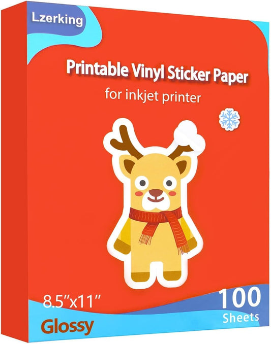 Lzerking Glossy Printable Vinyl Sticker Paper for Printer - 100 Sheets White Self-Adhesive, Quick-Drying Waterproof, for Inkjet & Laser Printers, Compatible with Cricut for Small Business, 8.5X11In