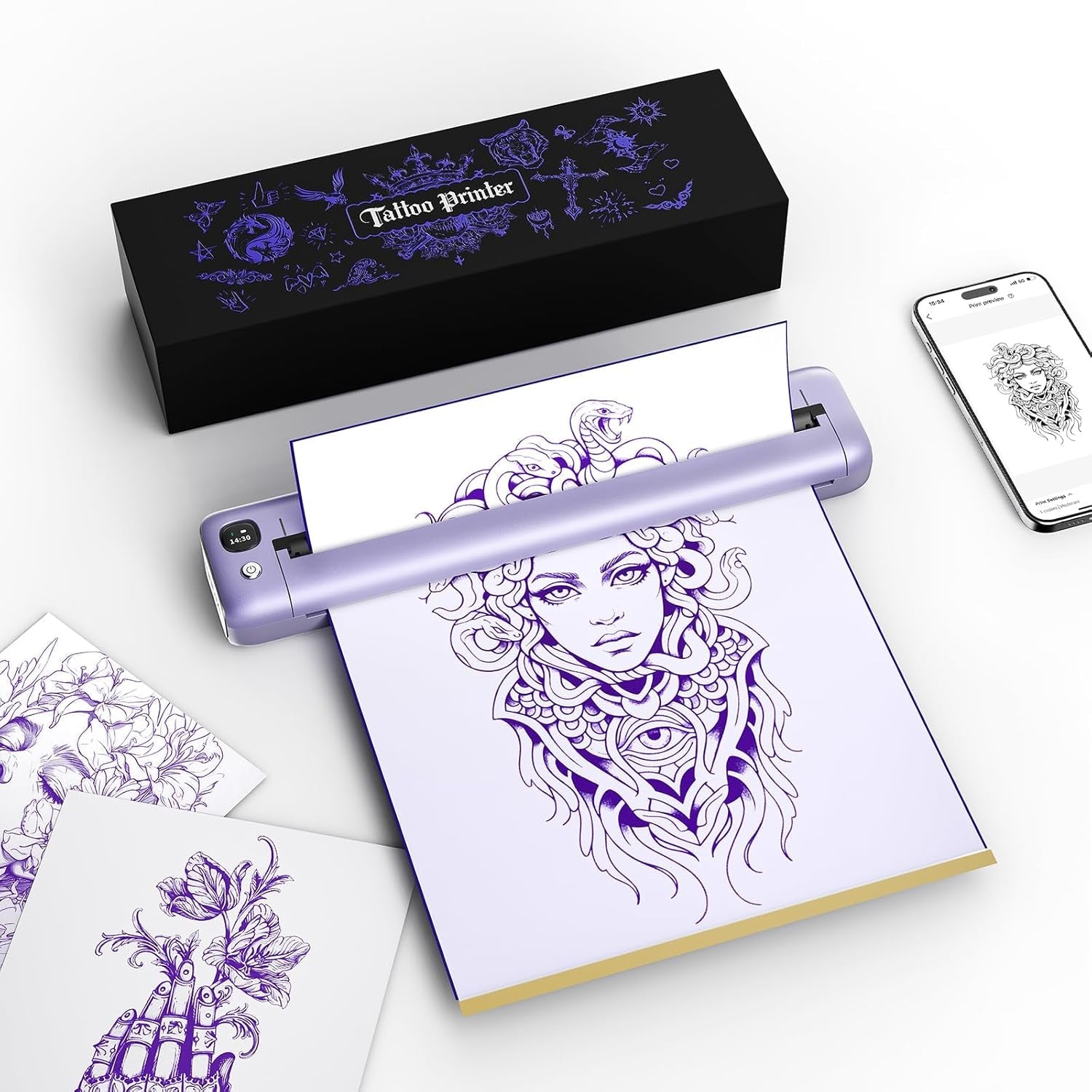 Rongta Tattoo Stencil Printer, F81S Wireless Thermal Tattoo Machine with 5Pcs Transfer Paper, Compatible with Phone/Tablet/Pc/Laptop, Bluetooth Tattoo Printer for Tattoo Artist & Beginner, Purple