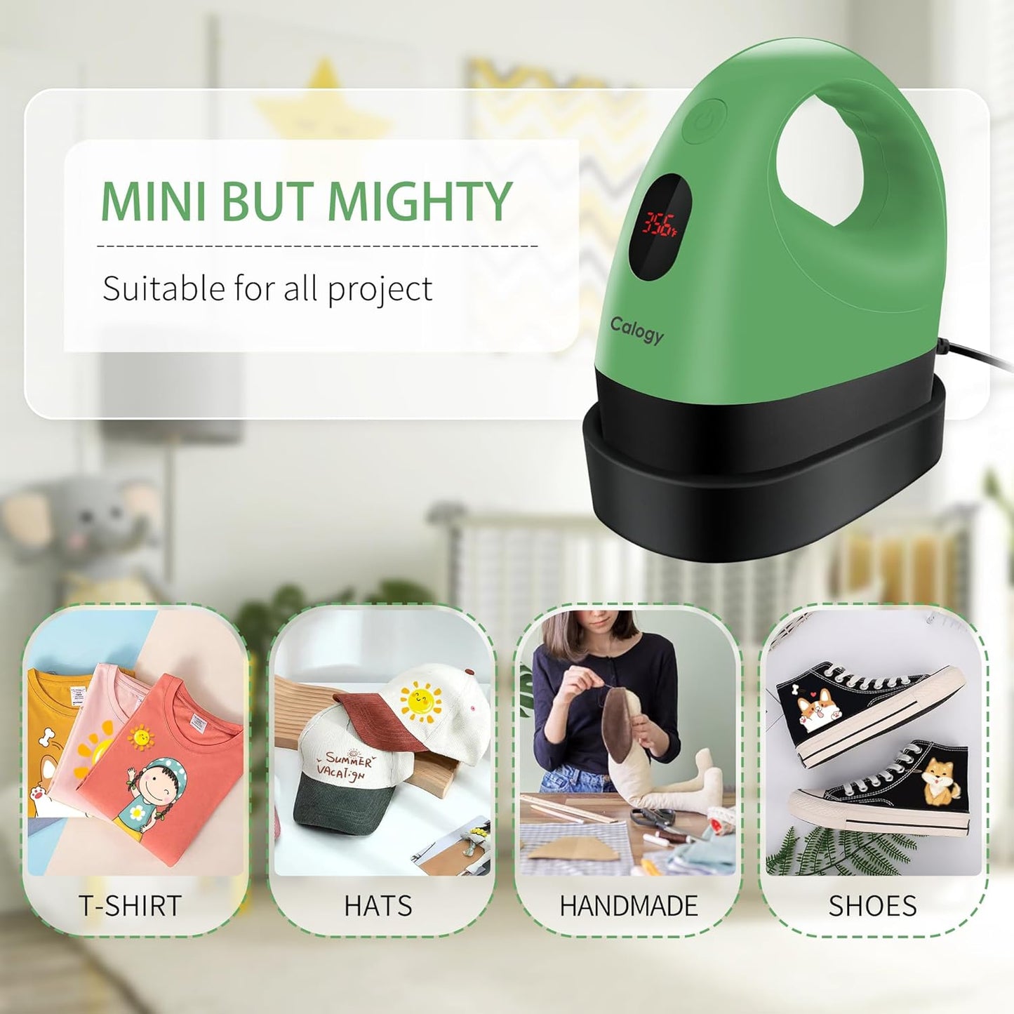 Calogy Mini Heat Press, Heat Transfer Machine, Constant Temp Control, Insulated Safety Base, Fits for Crafts, T-Shirt, Hat, Cap, Pillows (Pomelo Green)