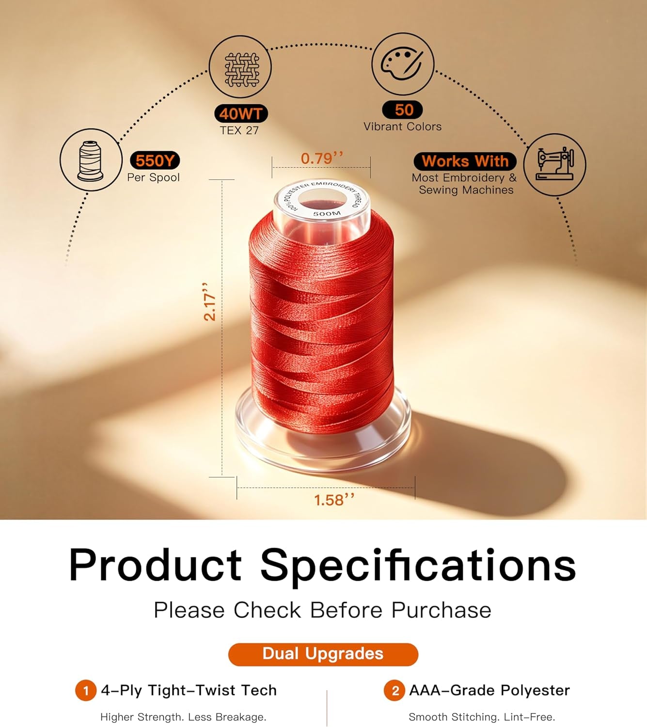 Aaa-Grade Polyester Embroidery Thread, 50 Colors, 40WT, 550 Yards Each, [Top Strength & Lint-Free] Silky Smooth Embroidery Machine Thread Kit Compatible with Singer, Brother, Janome, and More