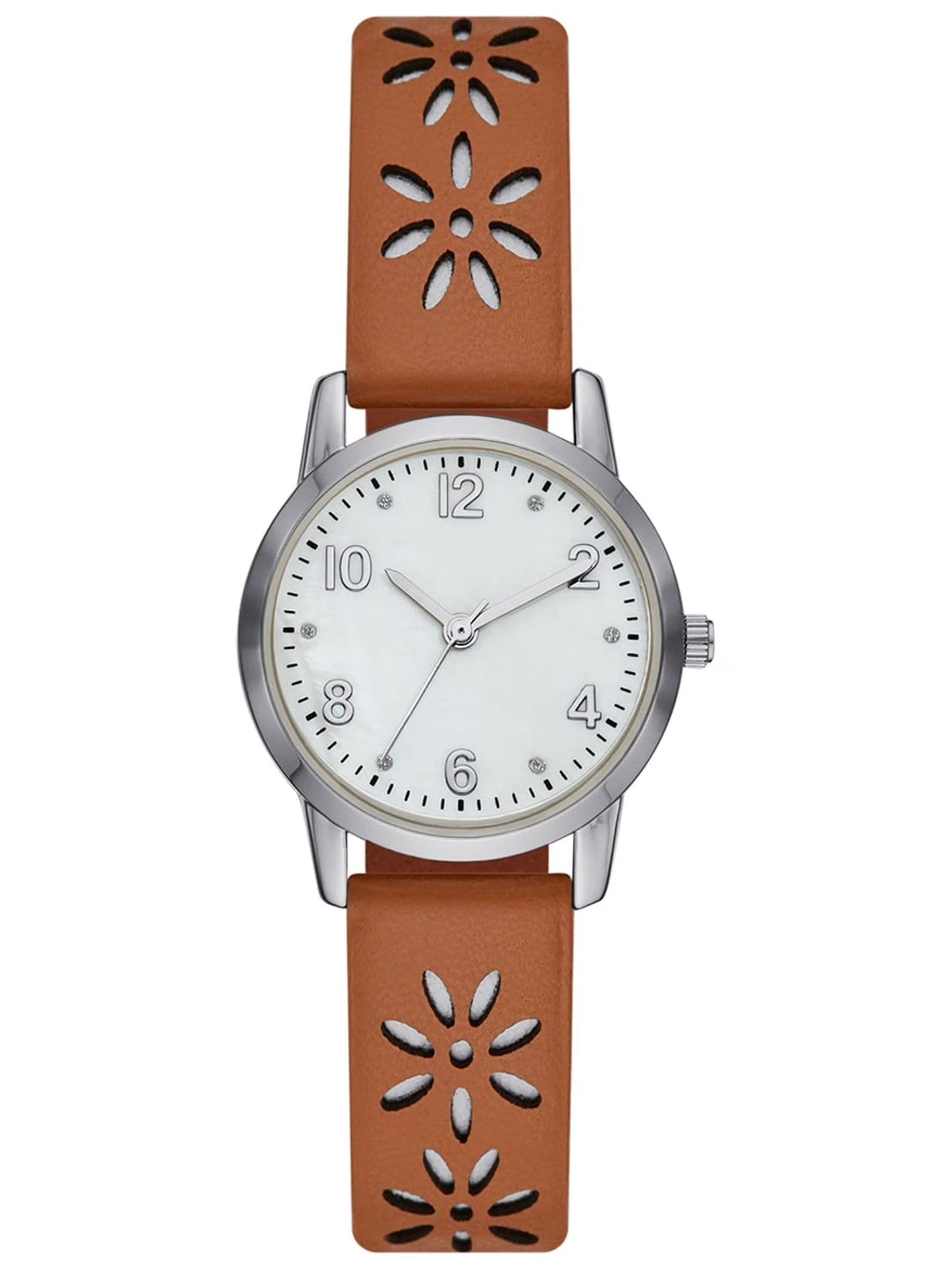 Women'S Analog Watch: Silver Tone round Case, Crystal Accent on Faux Mother of Pearl Dial, Brown Faux Leather Perforated Strap (FMDOTT054)