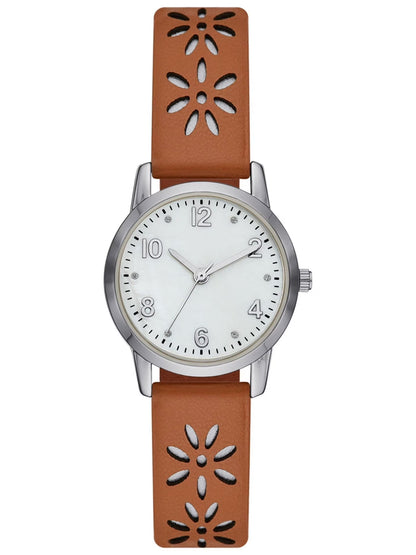 Women'S Analog Watch: Silver Tone round Case, Crystal Accent on Faux Mother of Pearl Dial, Brown Faux Leather Perforated Strap (FMDOTT054)