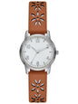 Women'S Analog Watch: Silver Tone round Case, Crystal Accent on Faux Mother of Pearl Dial, Brown Faux Leather Perforated Strap (FMDOTT054)