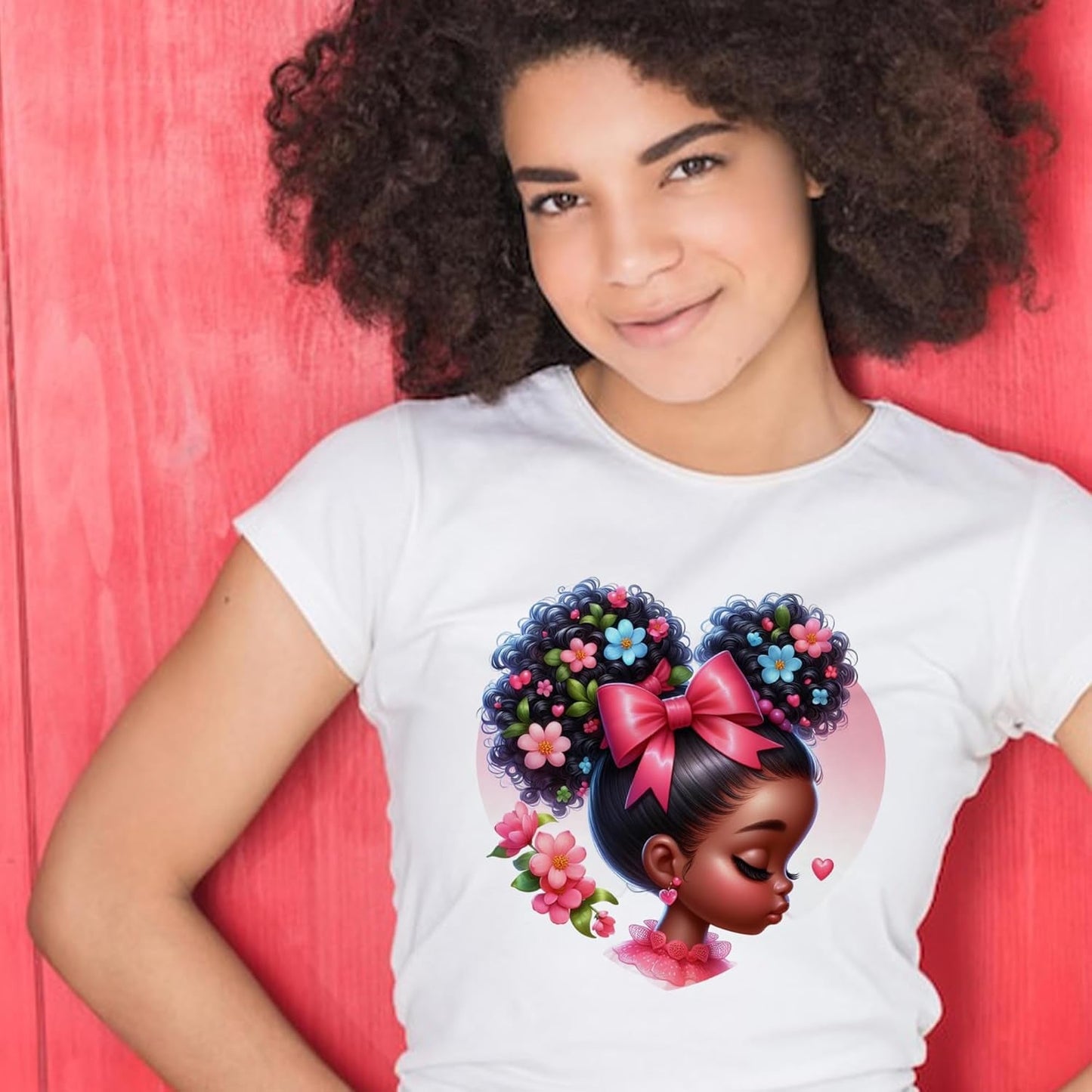 20 Pcs 7 Inch Vinyl DTF Heat Transfers for Shirts with Afro Girl and Floral Heart Designs for DIY Apparel Crafting and Gift Projects