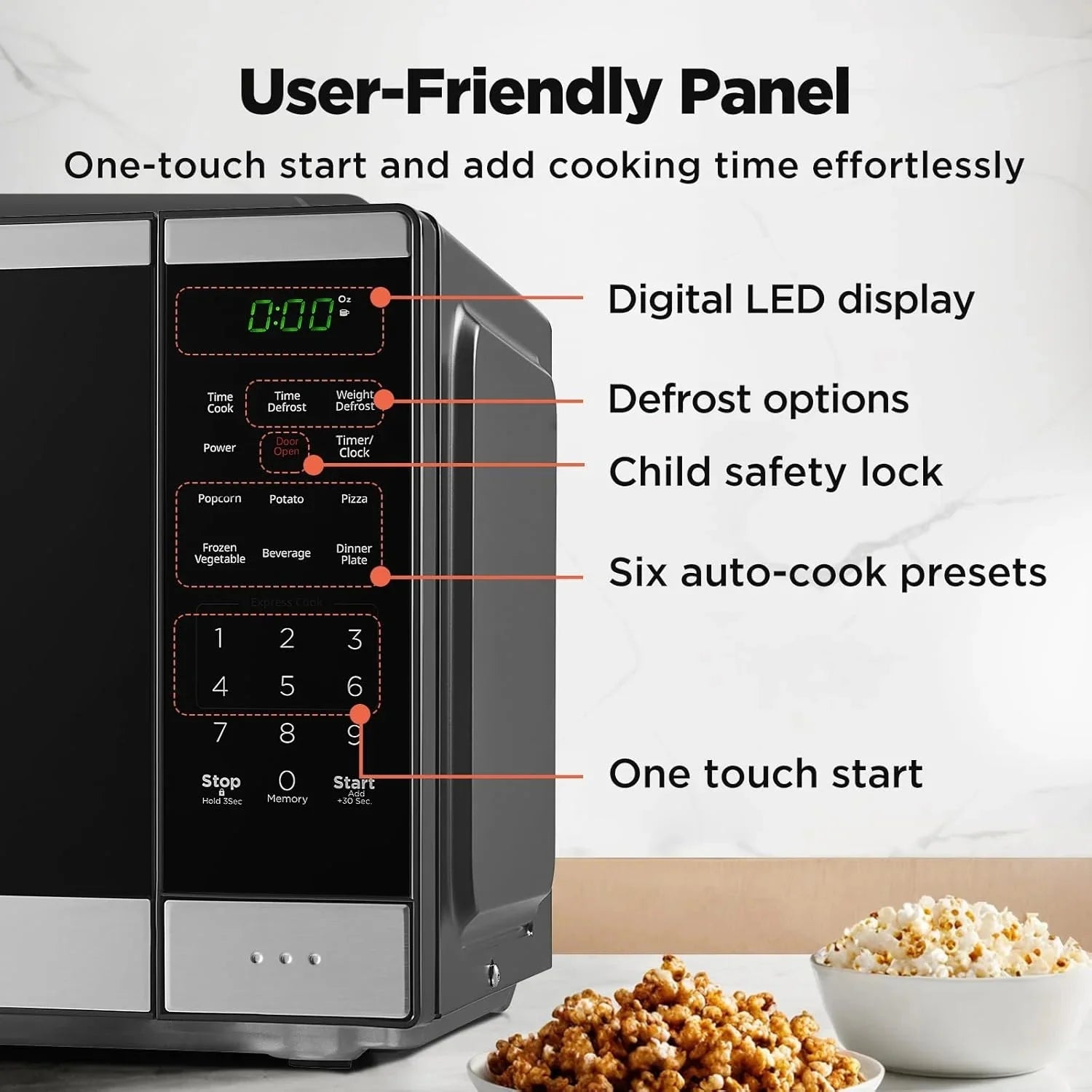 0.9 Cu Ft Microwave Oven Countertop , 6 Auto Menus, 10 Power Levels, Digital Panel, 900W