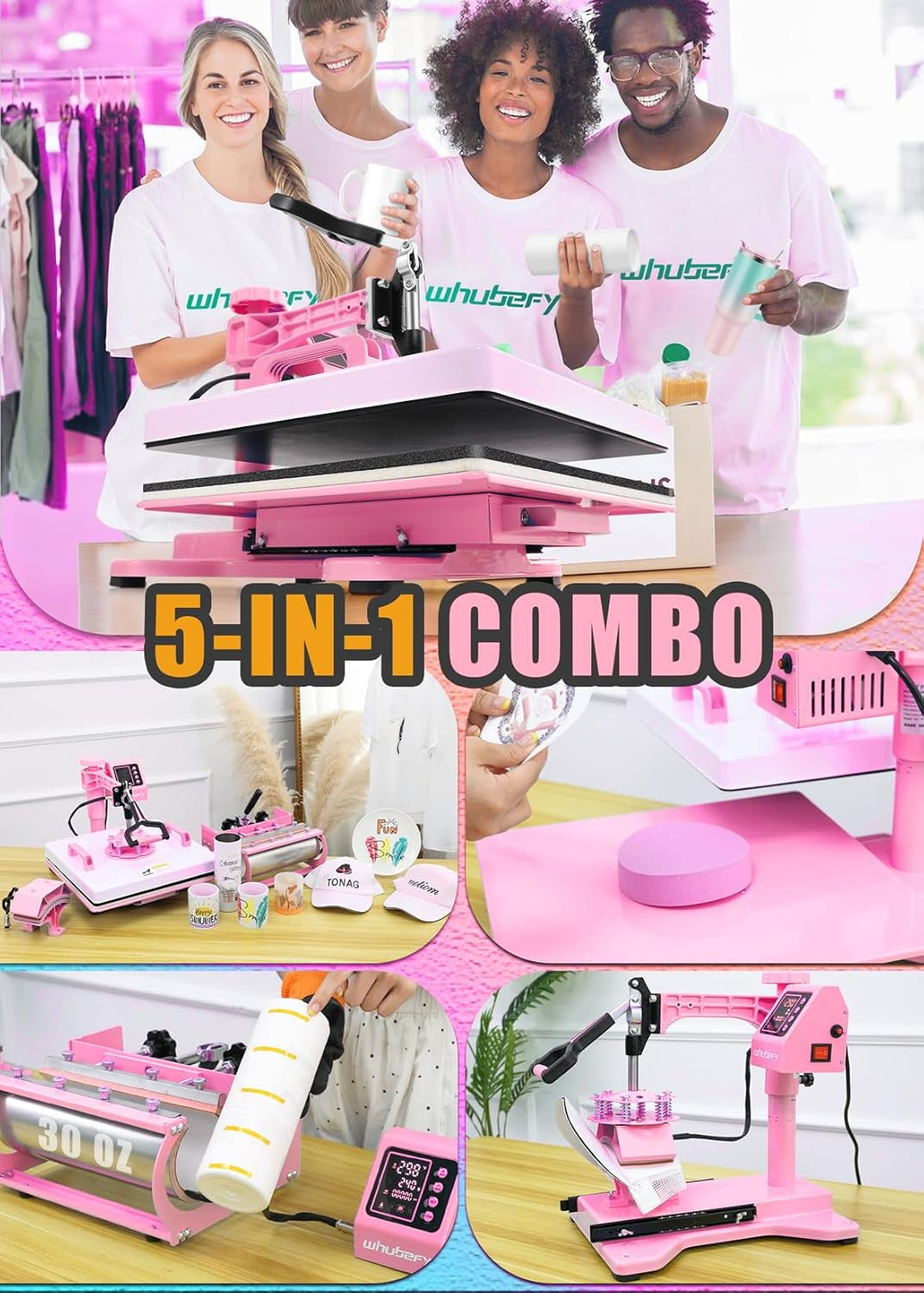 Whubefy Heat Press Machine for T Shirts 15X15 with 30OZ Tumbler Press 5 in 1 Slide Out & Swing Away Digital Heat Transfer with 3 Pre-Set Modes & Counting Function for Bulk Press Hat Cap Mug Plate Pink