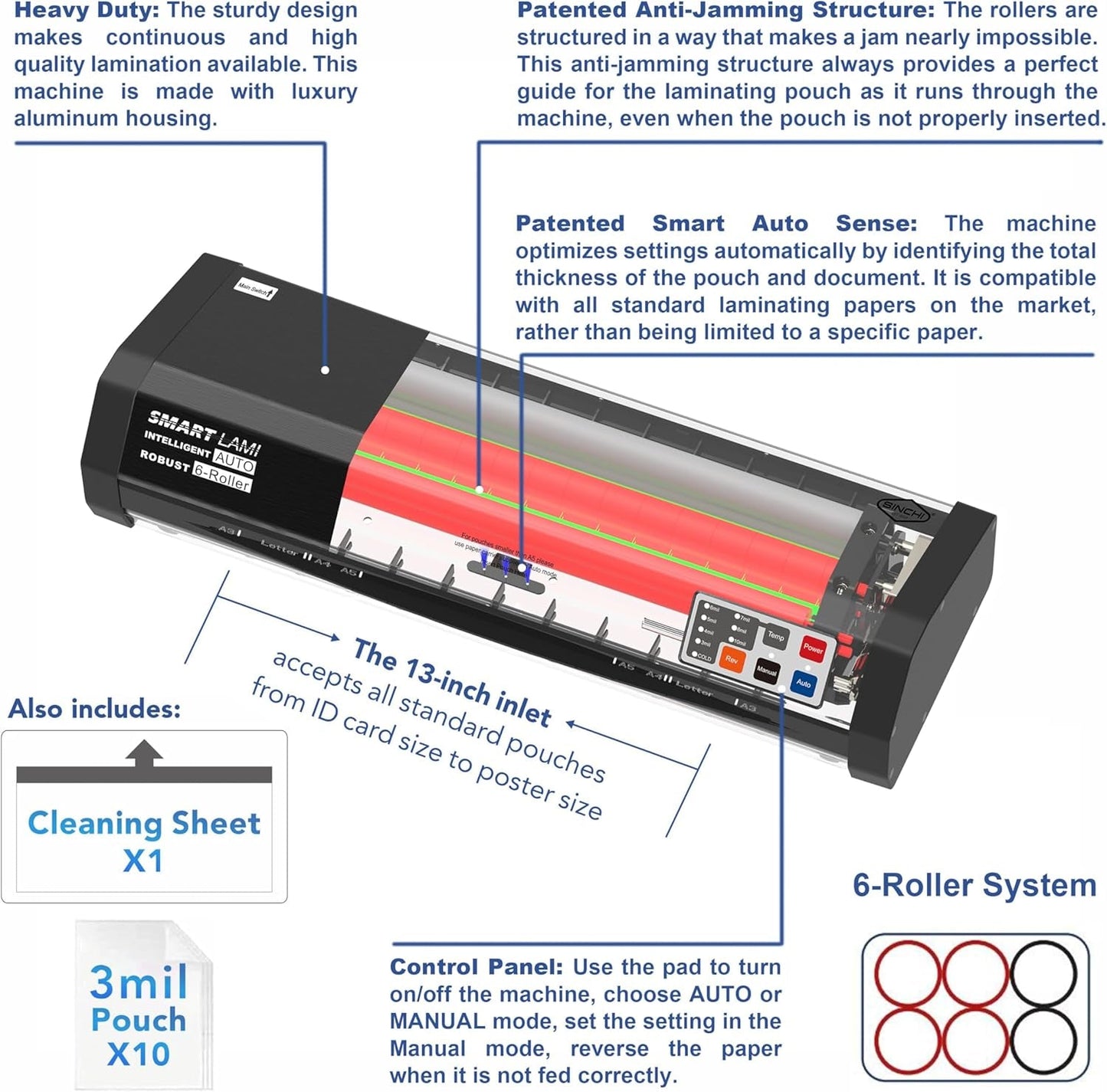 SINCHI 6-Roller Auto Sense Laminator, 13-Inch 3–10 Mil Thermal Machine, 50-Second Warm-Up, 47 In/Min, Never-Jam Heavy Duty, Office & School, 11×17"