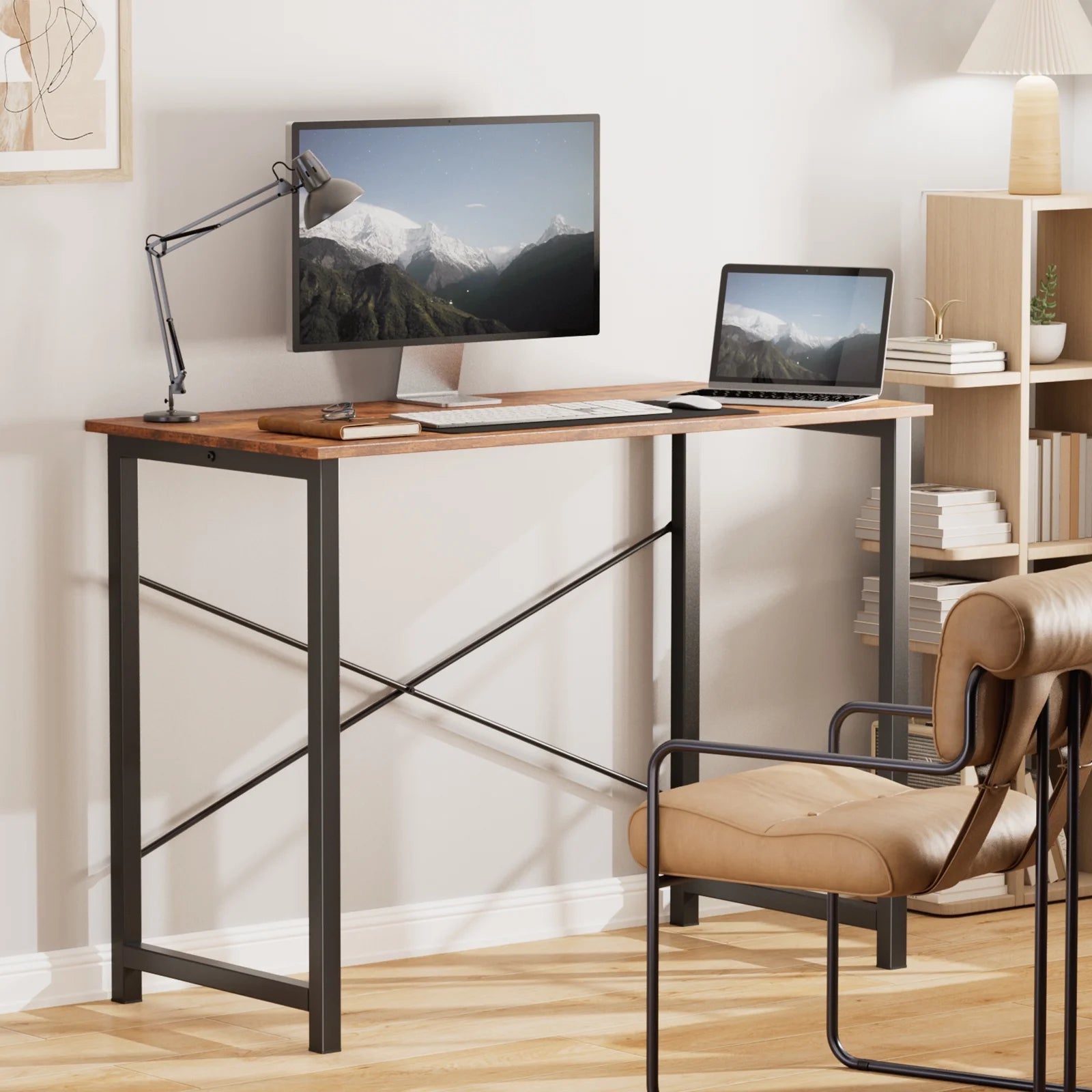 Adult Modern Simple Style with Storage Bag and Iron Hook Small Office Desk, Rust