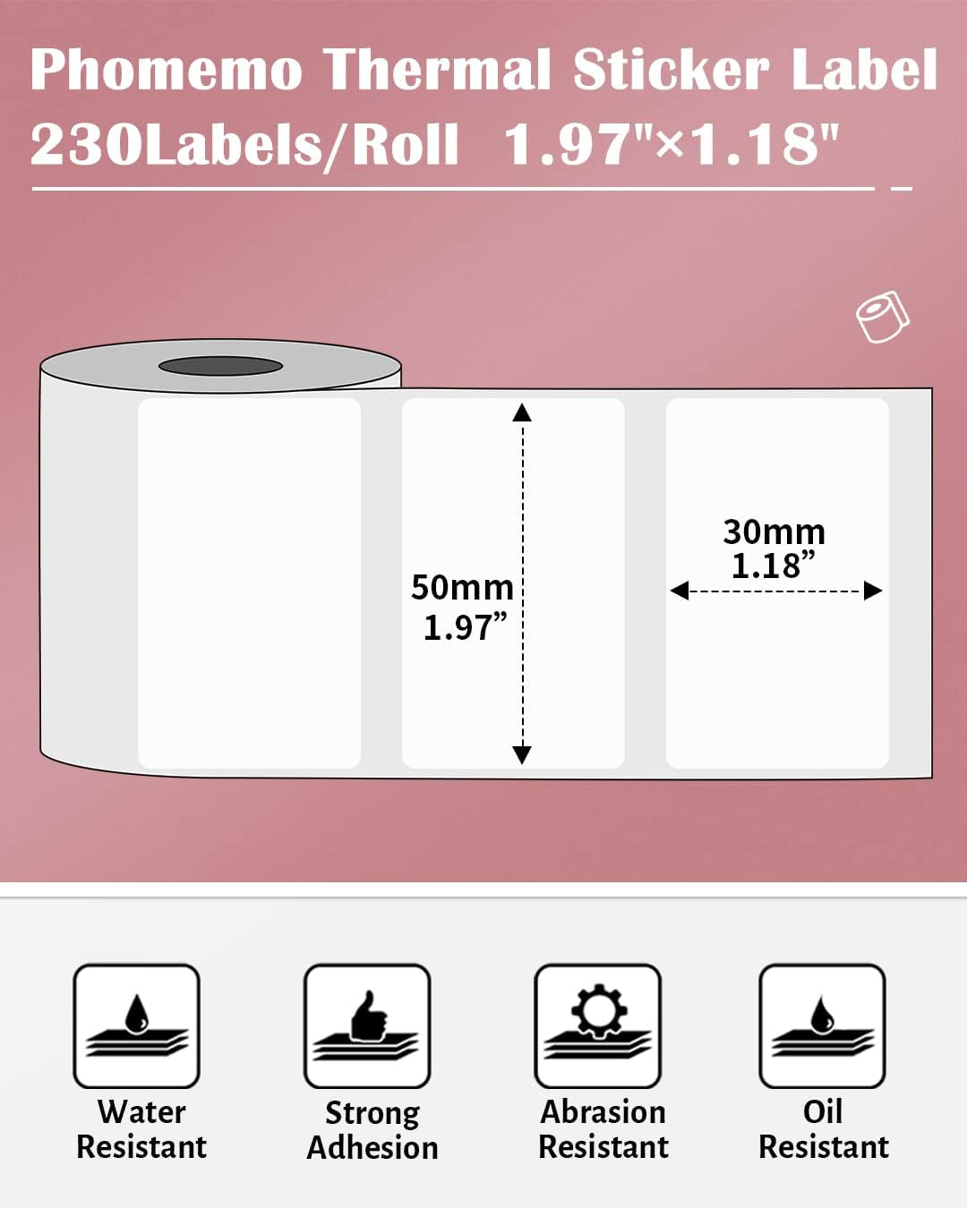 Phomemo Thermal Sticker Label for M110/M100/M108/M220/M250/M221 Label Printer,1.97"X1.18"(50X30Mm), Name Labels for Kids, School, 230 Labels/Roll, Black on White