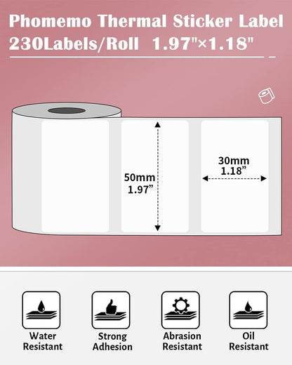 Phomemo Thermal Sticker Label for M110/M100/M108/M220/M250/M221 Label Printer,1.97"X1.18"(50X30Mm), Name Labels for Kids, School, 230 Labels/Roll, Black on White
