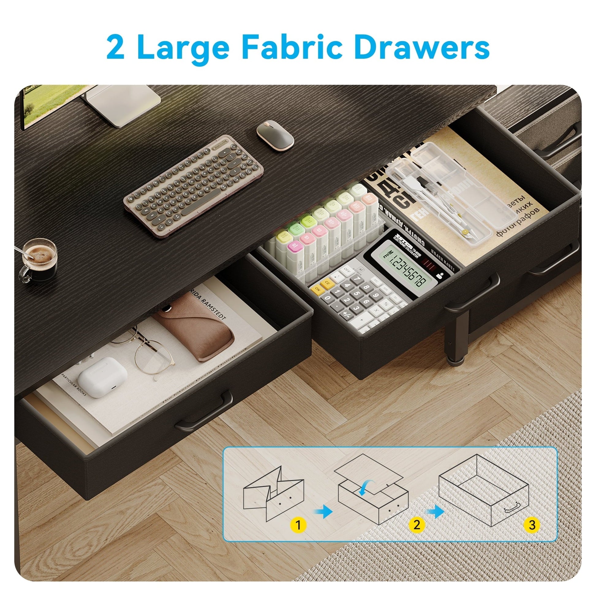 Computer Desk with 5 Drawers, Reversible Home Office Desks with Printer Stand, Study Writing Table Workstation for Small Spaces, Black