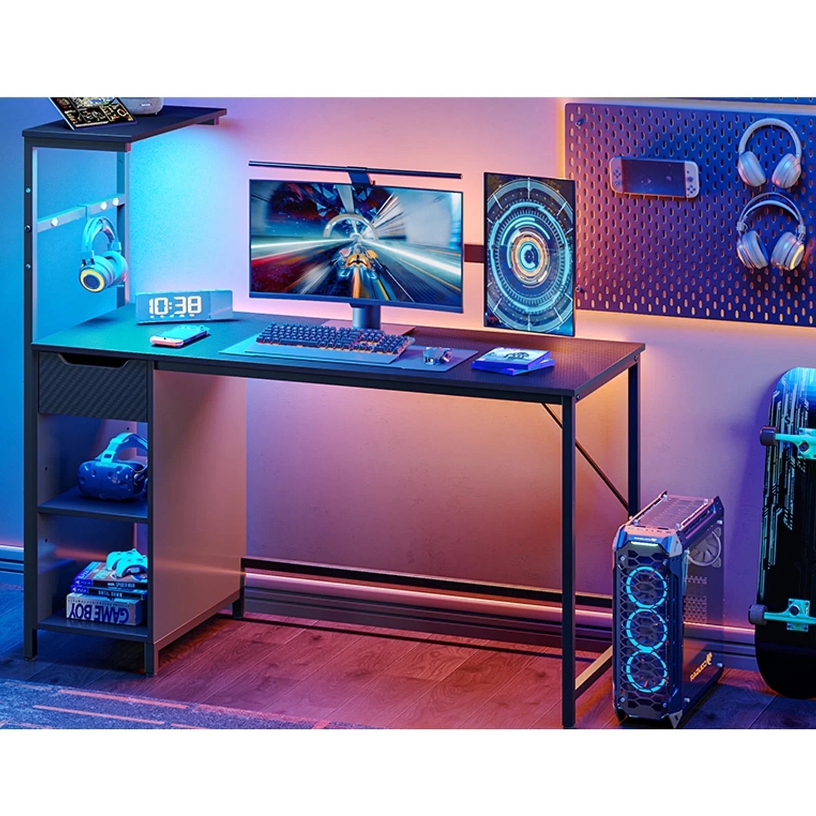 48-Inch LED Gaming Desk with Adjustable Shelf and Storage Drawer, Black