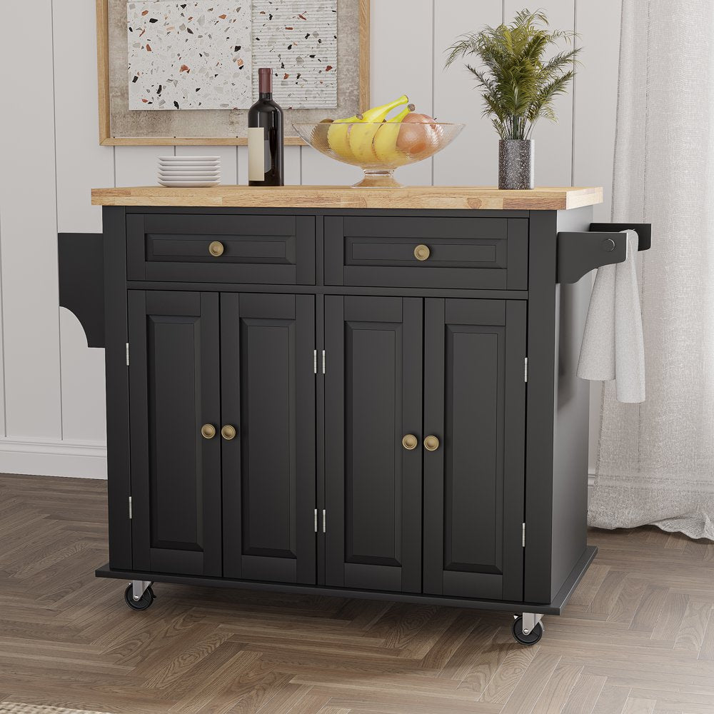 Rolling Kitchen Island, Kitchen Cart with Rubber Wood Countertop, Lockable Casters, Adjustable Shelves, Matte(Black-43.3"X17.7"X32.5")