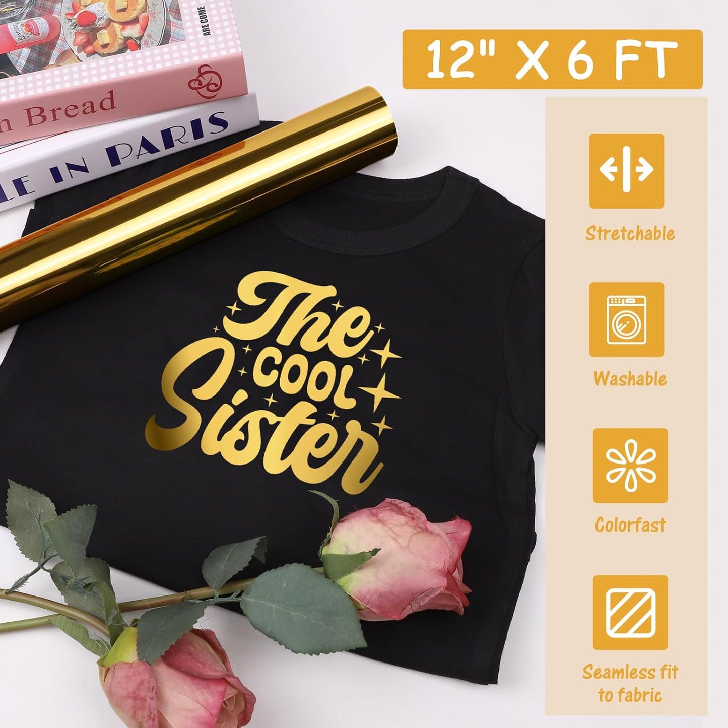 Gold Metallic Chrome HTV Heat Transfer Vinyl, Soft Foil Gold Iron on Vinyl for Halloween T-Shirts Easy to Cut & Weed DIY Heat Press Design,12" X 6Ft