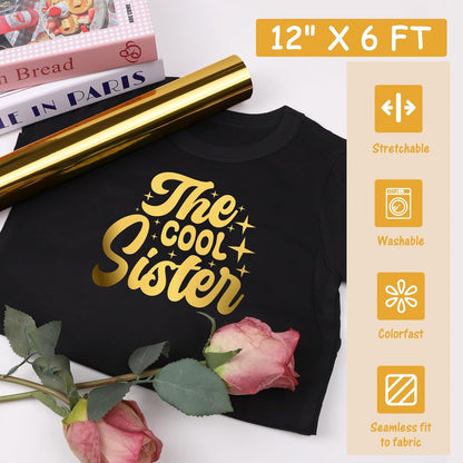 Gold Metallic Chrome HTV Heat Transfer Vinyl, Soft Foil Gold Iron on Vinyl for Halloween T-Shirts Easy to Cut & Weed DIY Heat Press Design,12" X 6Ft