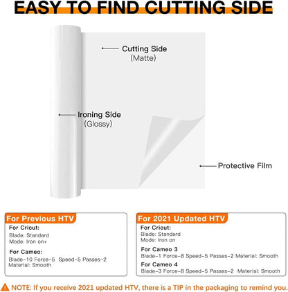 Heat Transfer Vinyl White HTV Rolls - 12" X 20Ft White Iron on Vinyl+Htv Heat Transfer Vinyl Bundle - 8 Pack 12" X 3FT HTV Vinyl for T-Shirts