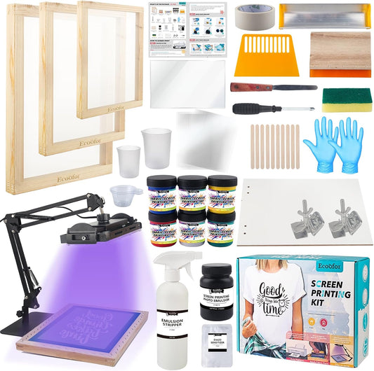 Screen Printing Kit 63Pcs All-In-One Set with 50W UV Exposure Lamp, 3 Size Wood Screen Printing Frames, 6 Colors Screen Printing Ink, 15 A4 Inkjet Transparency Films & Emulsion Stripper