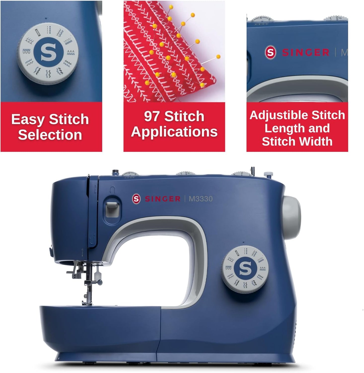 SINGER® M3330 Navy Blue Sewing Machine with Accessories, Beginner-Friendly | 23 Stitches Deliver 97 Applications, 1-Step Buttonhole, Free Arm, Decorative Stitches, for Crafts, Garments, Home Décor
