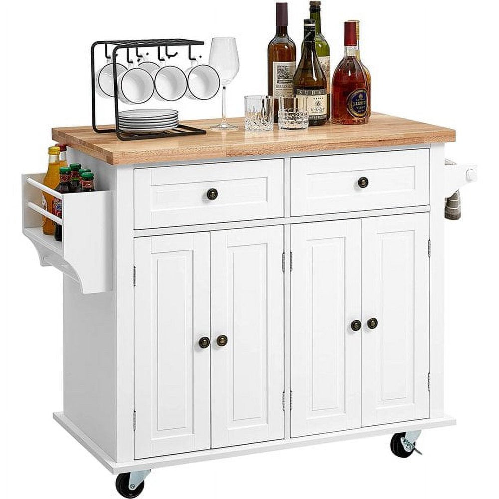 35.5'' Kitchen Island Cart on Wheels, 2 Drawers Storage Cabinet Kitchen Cart with Rubberwood Countertop, Lockable Casters, White