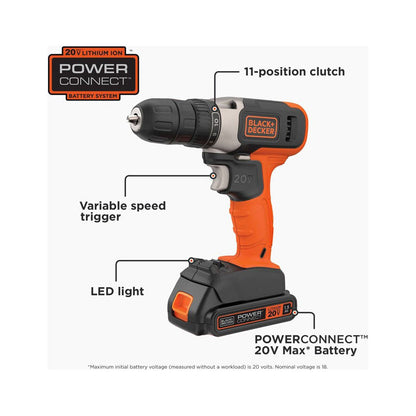 Black & Decker BCD702C1AEV 20V Max Brushed Lithium-Ion Cordless Drill Driver Kit (1.5 Ah)