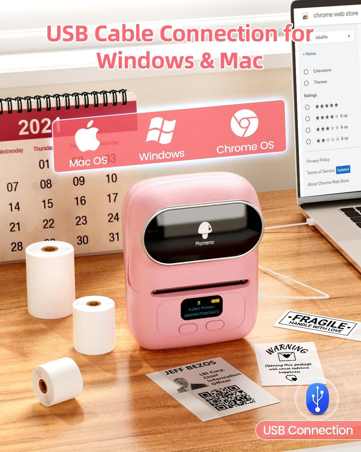 M110 Thermal Label Printer - Portable Bluetooth Address Label Maker for Small Business, Barcode & Retail, Compatible with Phones & PC (Pink)