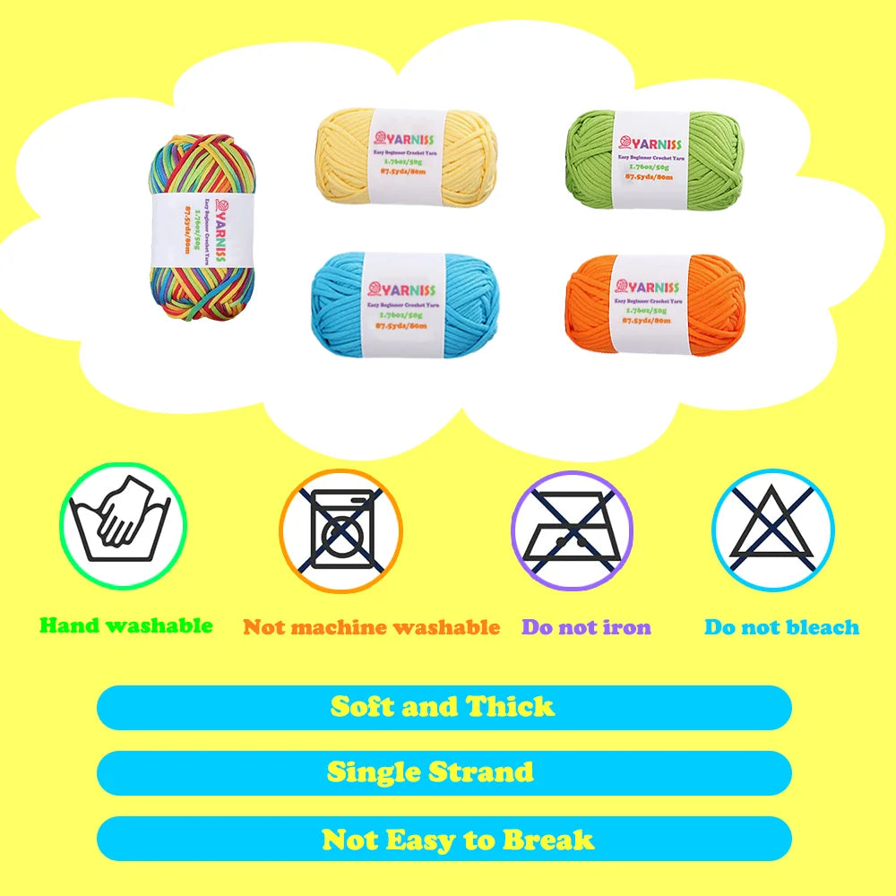 Yarniss 5 Pack Beginners Crochet Yarn,Crochet & Knitting Yarn for Beginners with Easy-To-See Stitches,Multicolor Cotton Nylon Yarn for Crochet