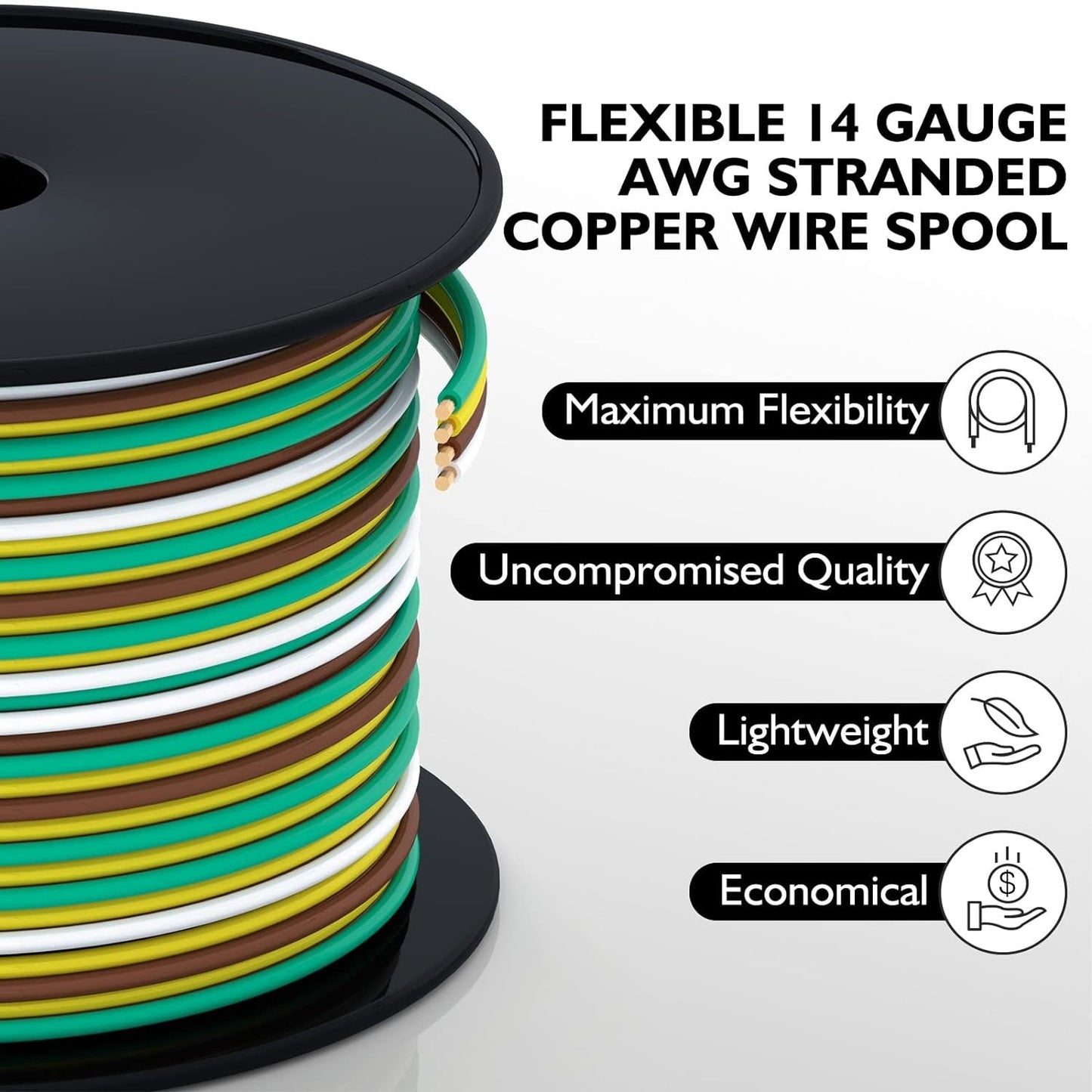 100Foot Bonded 4-Way Trailer RV Camper Towing Boat Wiring Harness Wire Spool, Primary 4-Wire 14 Gauge CCA Trailer RV Wire, Ideal for All Basic Wiring Needs(Green, Yellow, Brown, White)