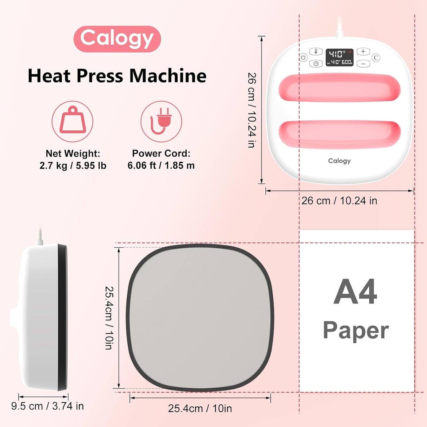 Calogy Heat Press Machine for T-Shirts 10"X10", Portable Heat Press Fast up to 410℉(210 ºc), Precise Temp Control, 15 Mins Auto off for Bag, Pillows, Sublimation Vinly Transfer(White Pink, 10 X 10 In)