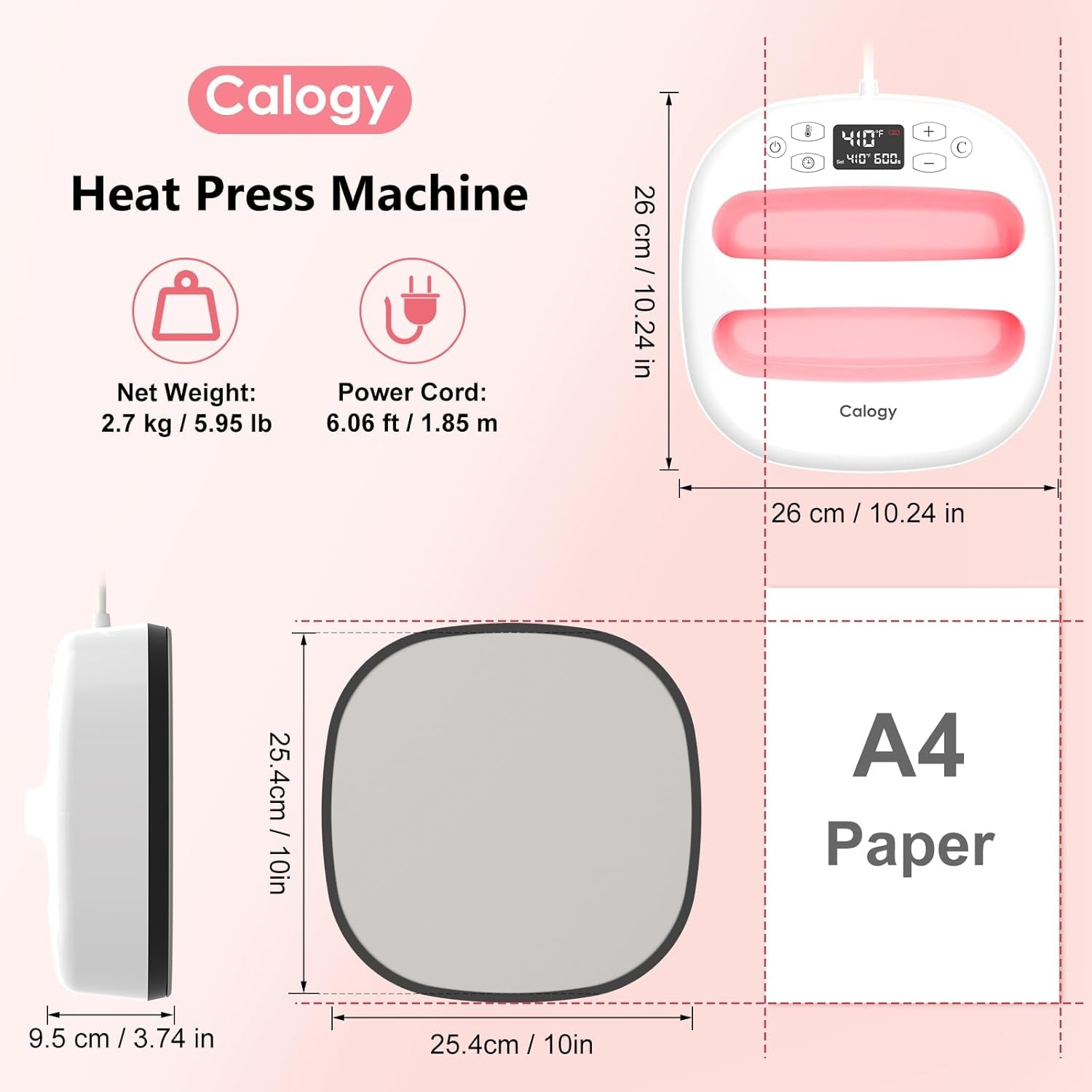 Calogy Heat Press Machine for T-Shirts 10"X10", Portable Heat Press Fast up to 410℉(210 ºc), Precise Temp Control, 15 Mins Auto off for Bag, Pillows, Sublimation Vinly Transfer(White Pink, 10 X 10 In)