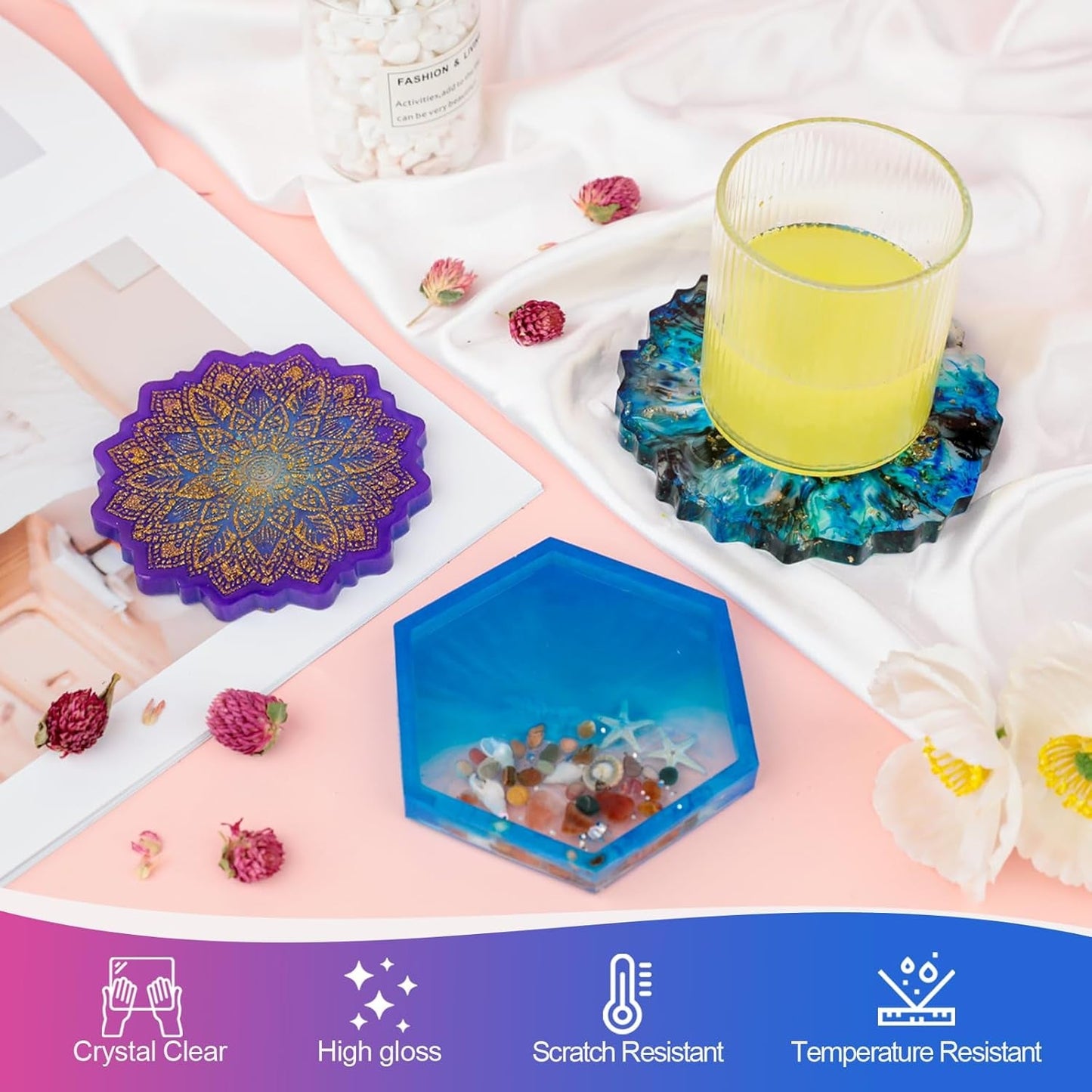 KISREL Epoxy Resin Kit for Beginners, 32Oz Resin Kit with Coaster Molds, Complete Accessories Include Pigment, Mica Powders, Dried Flowers, Glitter, Measuring Cups and Other Resina Supplie