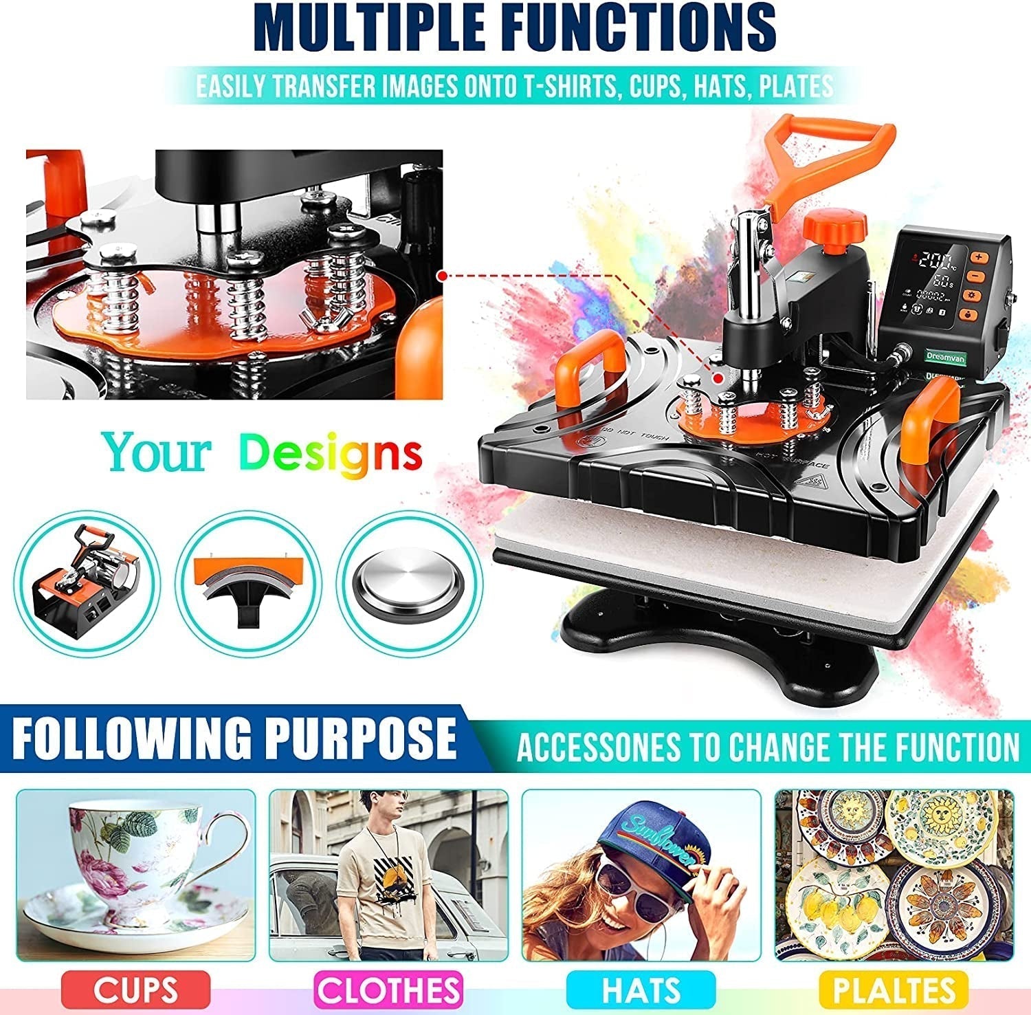 Upgraded 8 in 1 Heat Press Machine Digital Combo Multifunctional T-Shirt Printing Sublimation Heat Press Transfer Machine12"X15"Heat Press Machines Printing Machine for T Shirts Cap Mug Plate