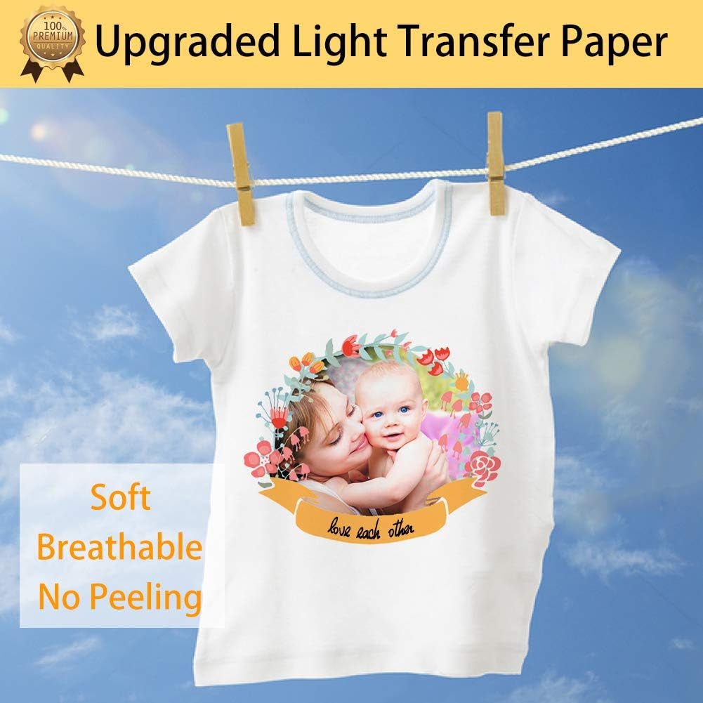 Transourdream Upgraded Heat Transfer Paper for T Shirts (100 Sheets, 8.5X11") Iron on Transfers for Light Fabric Printable Heat Transfer Vinyl for Inkjet Printer (TOD-L2-100)