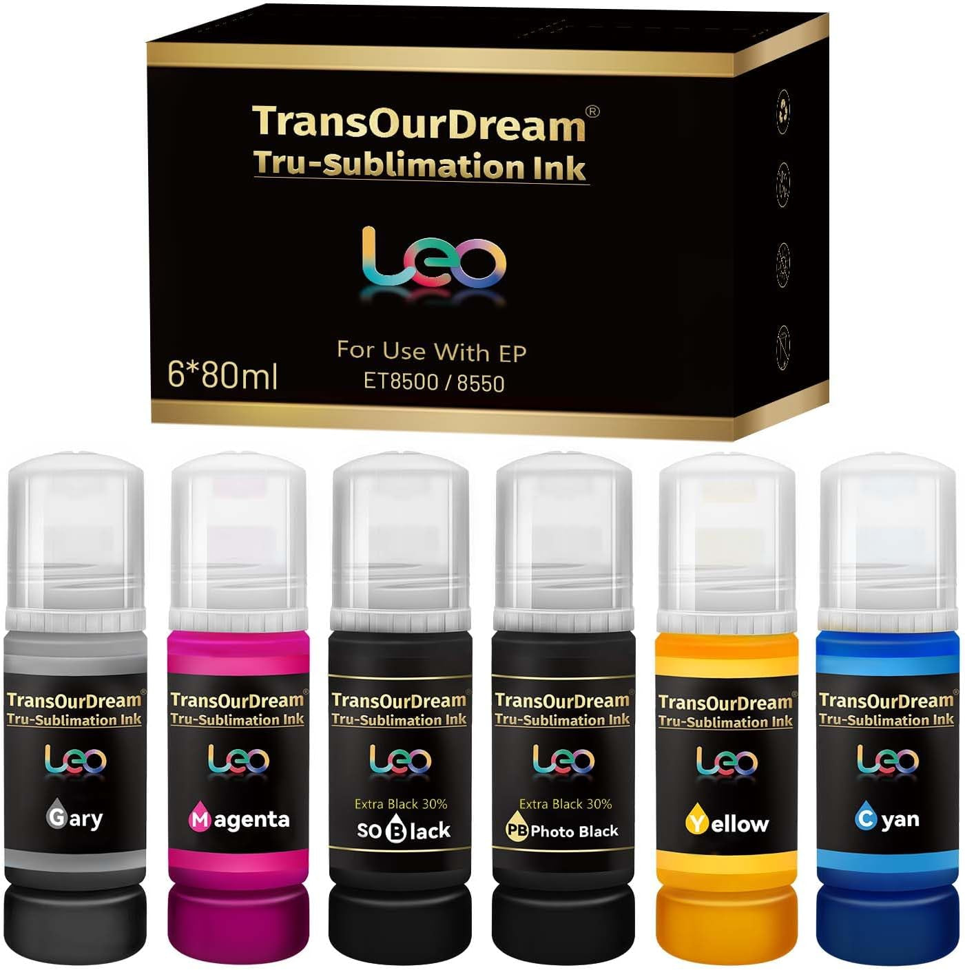 Transourdream 6 Color Sublimation Ink 480ML, 6X80Ml,(Bk PB C M Y GY) | Autofill Bottles, for ET-8500 ET-8550, Wide-Format Supertank Printers, Heat Press Transfer, on Mugs T-Shirts